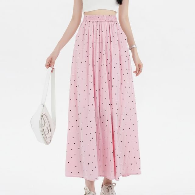 Dotted A-Line Midi Elastic Waist Skirt