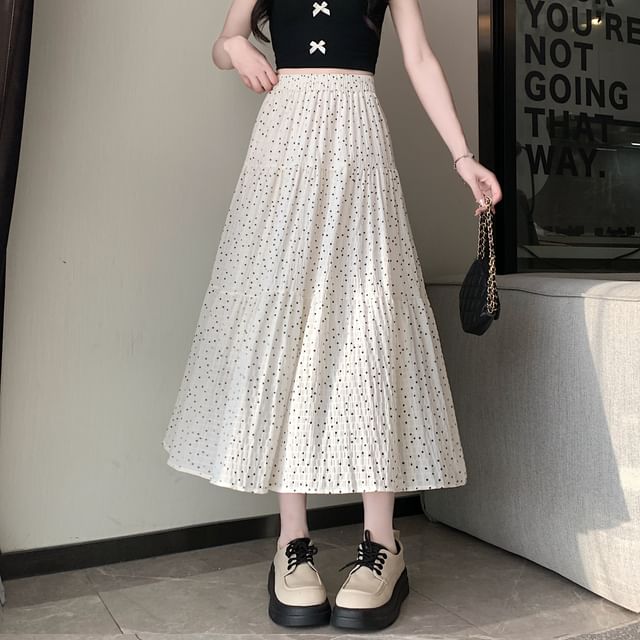 A-Line Skirt Elastic Dotted Midi Tiered Waist