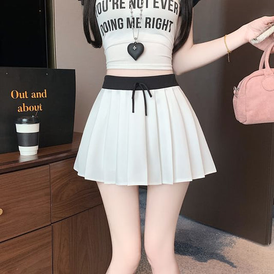 Skirt Contrast Pleated Waist Drawstring A-Line Mini Trim