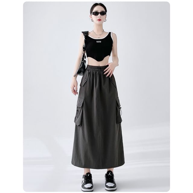 Drawstring Waist A-Line Plain Slit Cargo Skirt Midi