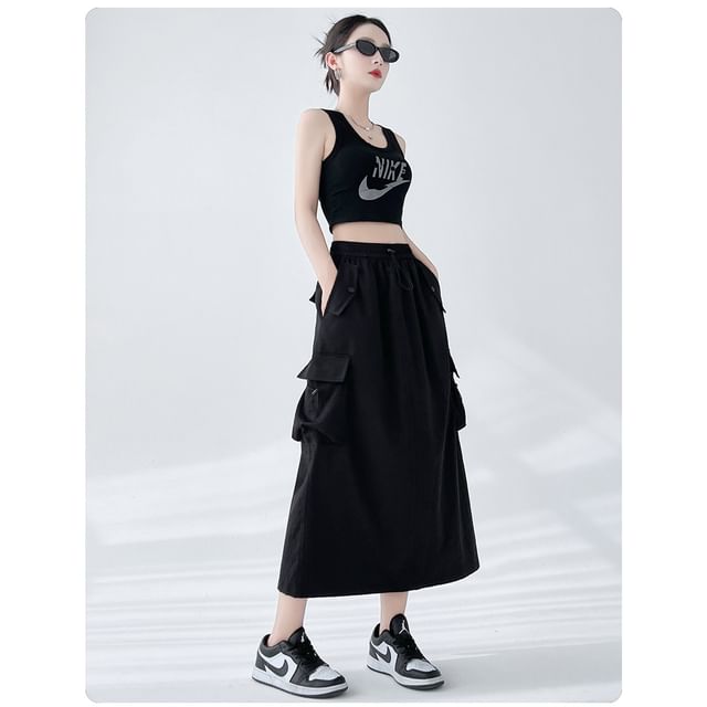 Drawstring Waist A-Line Plain Slit Cargo Skirt Midi