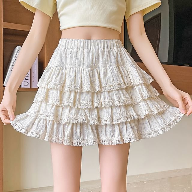 Waist Tiered Skirt Lace Elastic Mini A-Line Trim Plain