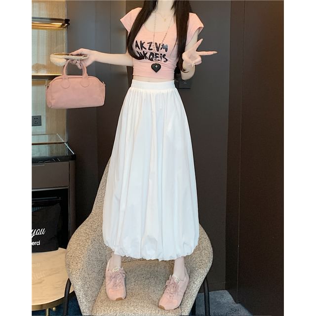 High Plain Midi Skirt Hem Bubble Waist A-Line