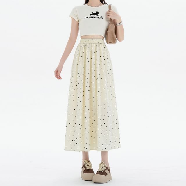 Dotted A-Line Midi Elastic Waist Skirt