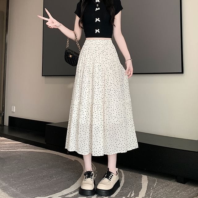 A-Line Skirt Elastic Dotted Midi Tiered Waist
