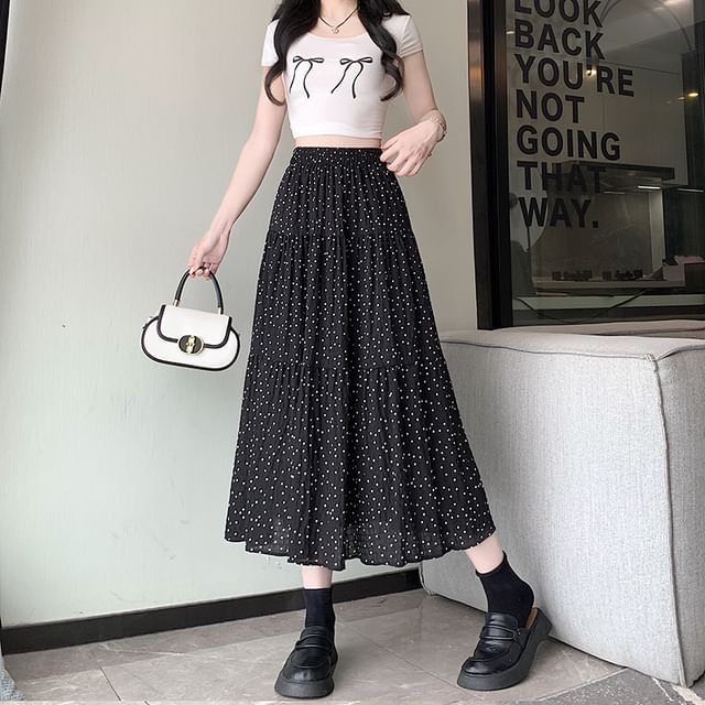 A-Line Skirt Elastic Dotted Midi Tiered Waist