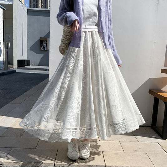 A-Line Lace Waist Maxi High Skirt Floral Trim