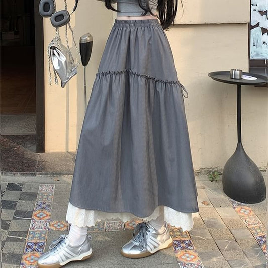 A-Line Skirt Lace Trim High Maxi Rise Plain