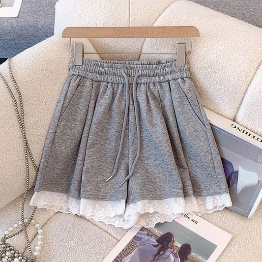 Lace Mini Plain Drawstring Trim Skirt A-Line Waist