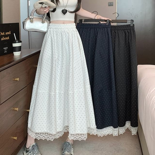 Dotted High Rise Skirt Lace Trim Maxi A-Line