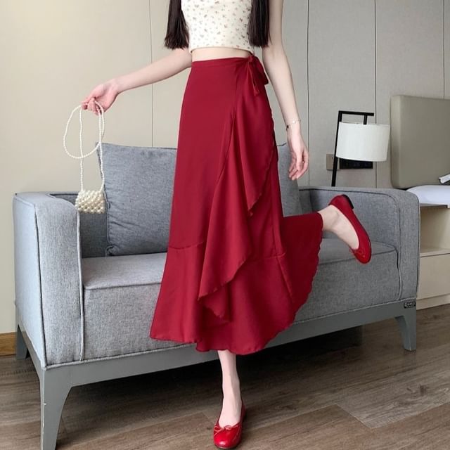 High Midi Waist Plain Skirt A-Line Ruffle