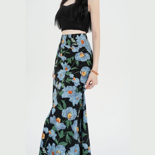 Floral Waist High A-Line Maxi Skirt