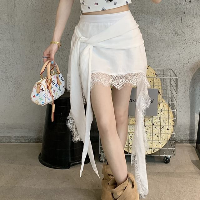 High Asymmetrical Wrap Plain Trim Lace Waist Skort