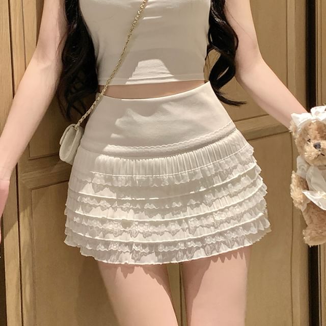 Lace High Skirt Mini Trim Pencil Plain Rise