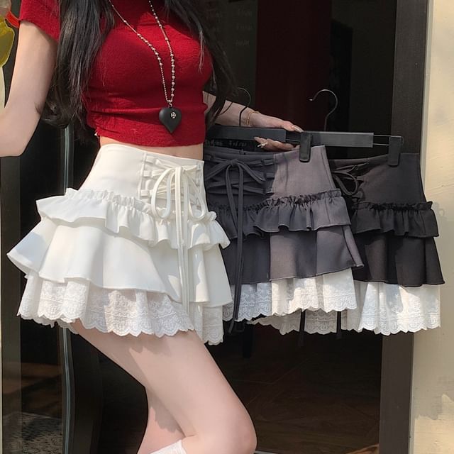 Rise Lace Skirt Ruffle Lace-Up Mini Plain High A-Line Trim