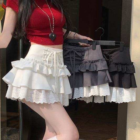 Rise Lace Skirt Ruffle Lace-Up Mini Plain High A-Line Trim