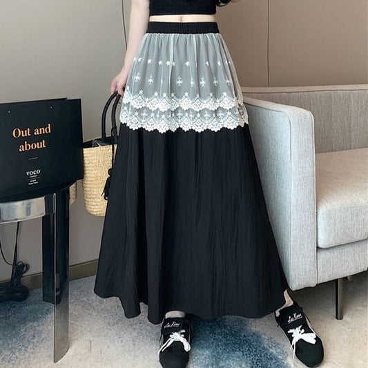 Lace Plain A-Line Rise Maxi High Trim Skirt