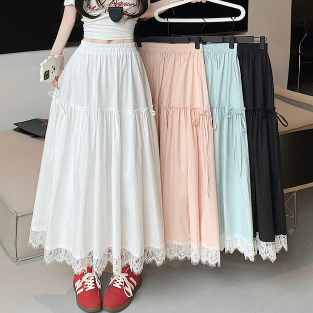 A-Line Trim Plain Waist Maxi Lace Skirt High