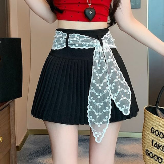 High Pleated Waist Plain A-Line Skirt Mini