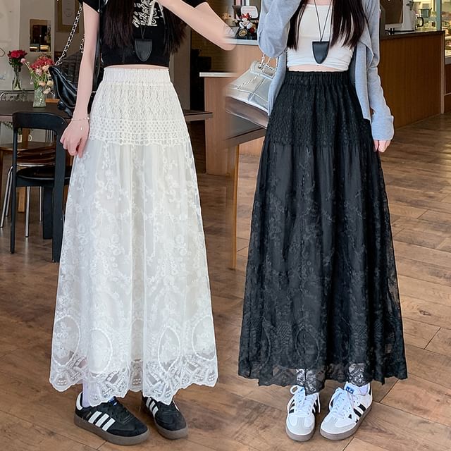 Waist Lace High Skirt Embroidered A-Line Trim Flower Maxi