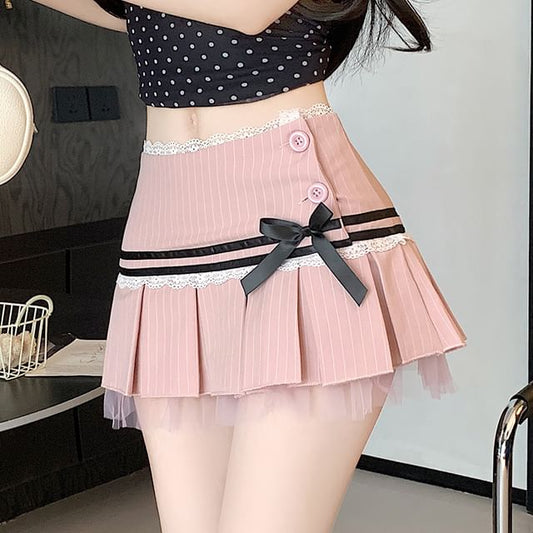 Trim Skirt Lace Low Pleated Mini Waist Pinstriped A-Line Bow
