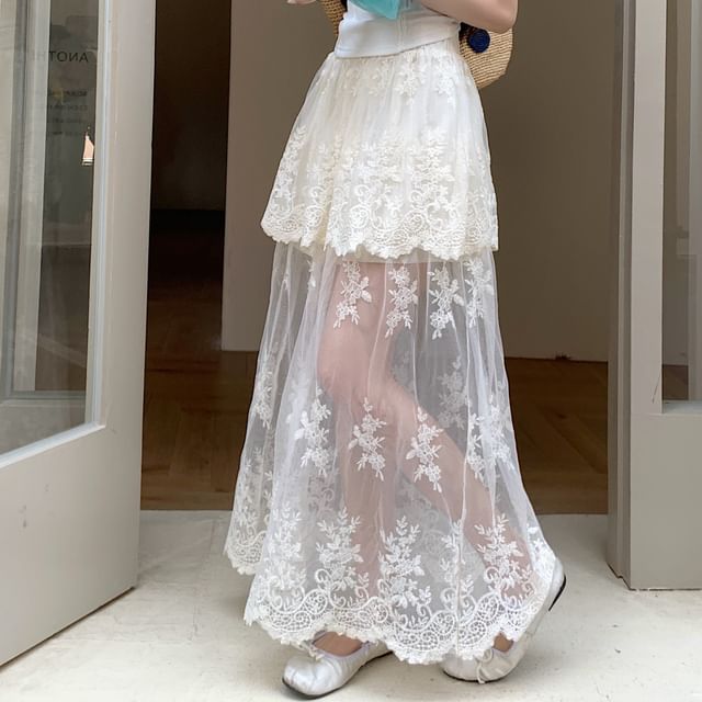 Skirt Lace Embroidered Waist High Trim Flower Maxi A-Line