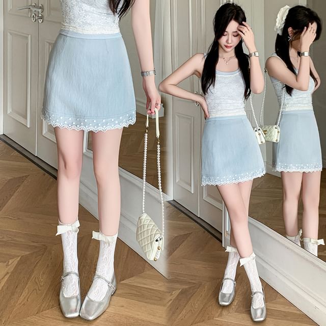 Mini High Trim Plain Pencil Skirt Lace Waist