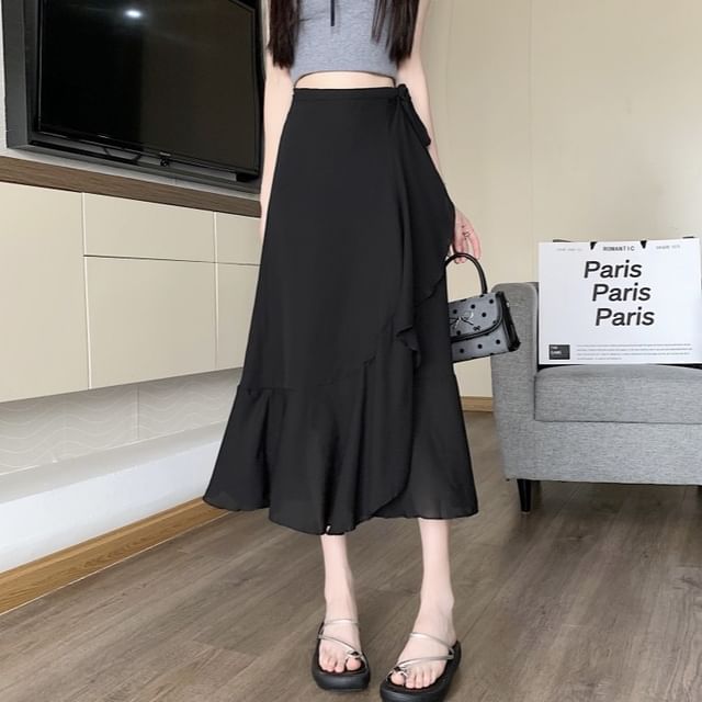 Ruffle Skirt Waist High Plain Midi A-Line