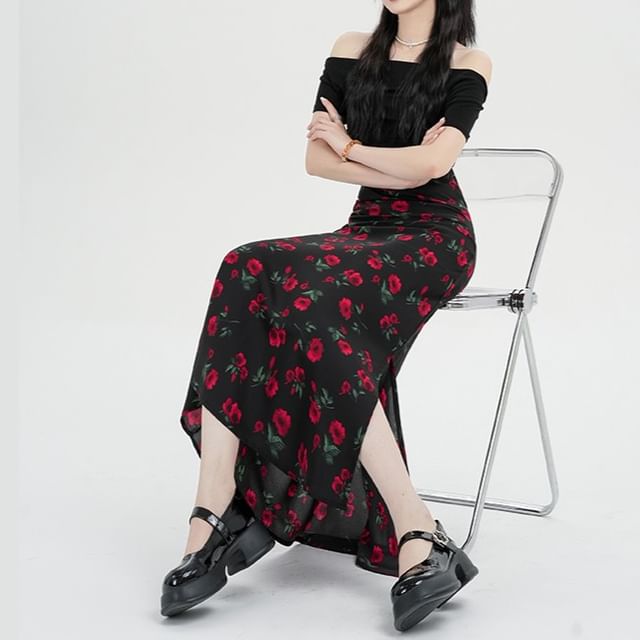 Waist Maxi Floral Skirt A-Line High