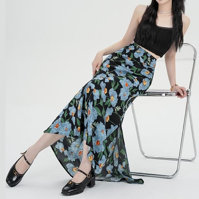 Waist Maxi Floral Skirt A-Line High