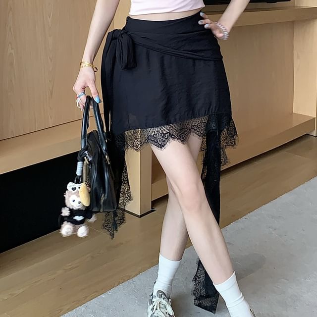 High Asymmetrical Wrap Plain Trim Lace Waist Skort
