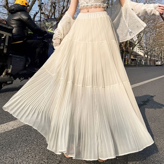 Pleated High Maxi A-Line Plain Waist Skirt Accordion