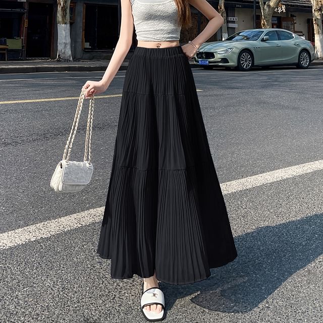 Accordion Maxi Waist Skirt Pleated Plain High A-Line