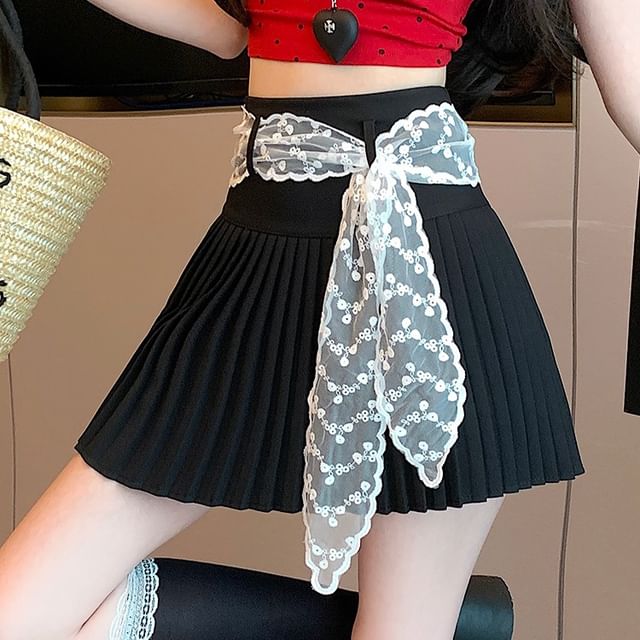 High Pleated Waist Plain A-Line Skirt Mini