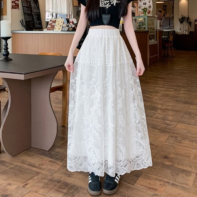 Lace Skirt Flower High Trim A-Line Maxi Embroidered Waist