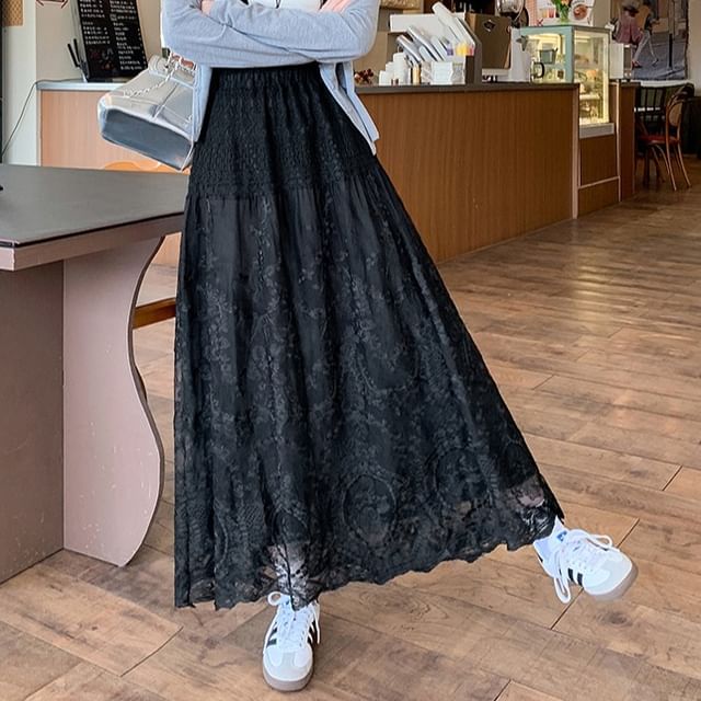 Waist Lace High Skirt Embroidered A-Line Trim Flower Maxi