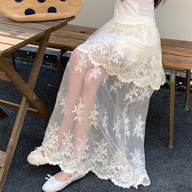 Skirt Lace Embroidered Waist High Trim Flower Maxi A-Line