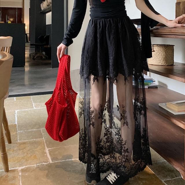 Trim Flower High Maxi Embroidered Lace A-Line Skirt Waist