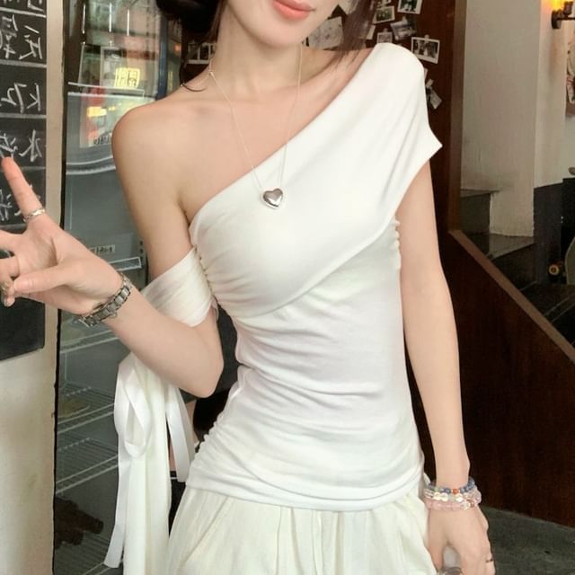 Short-Sleeve T-Shirt Bow Ruched Off-Shoulder Plain Fit Slim
