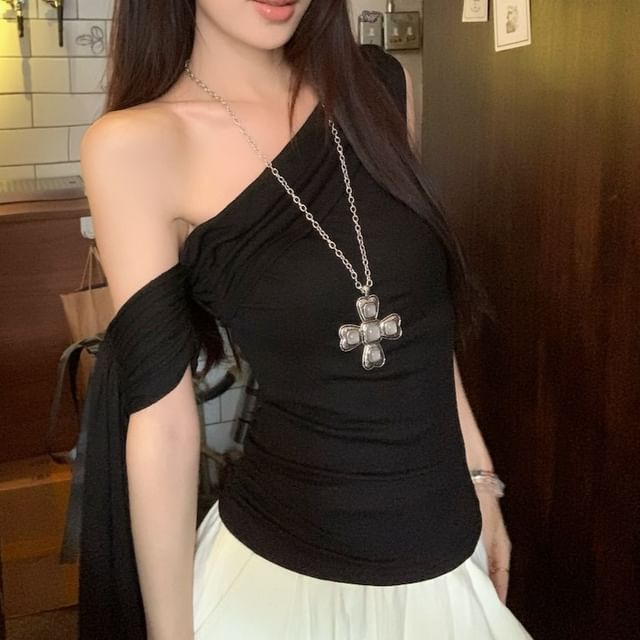 Short-Sleeve T-Shirt Bow Ruched Off-Shoulder Plain Fit Slim