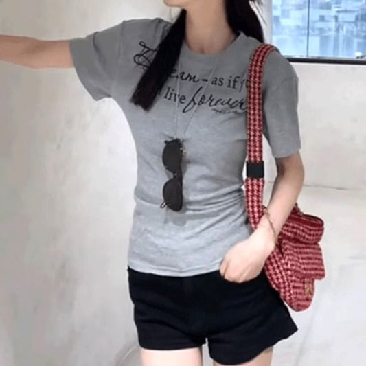 Lettering Neck Short-Sleeve Crew Slim Fit T-Shirt