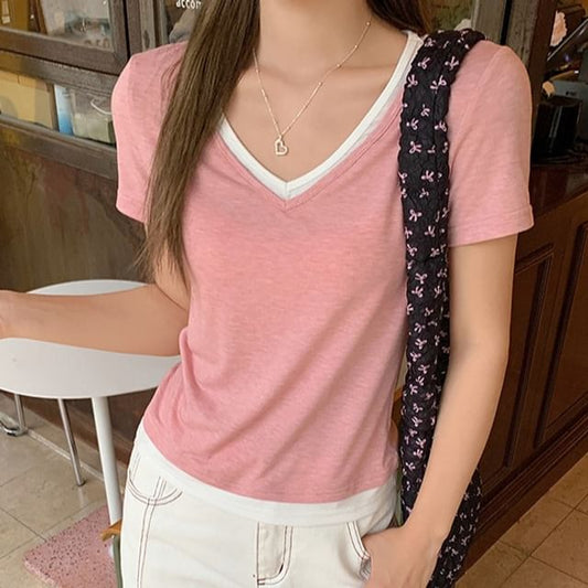 Contrast Two-Piece Short-Sleeve Trim Mock Tee V-Neck