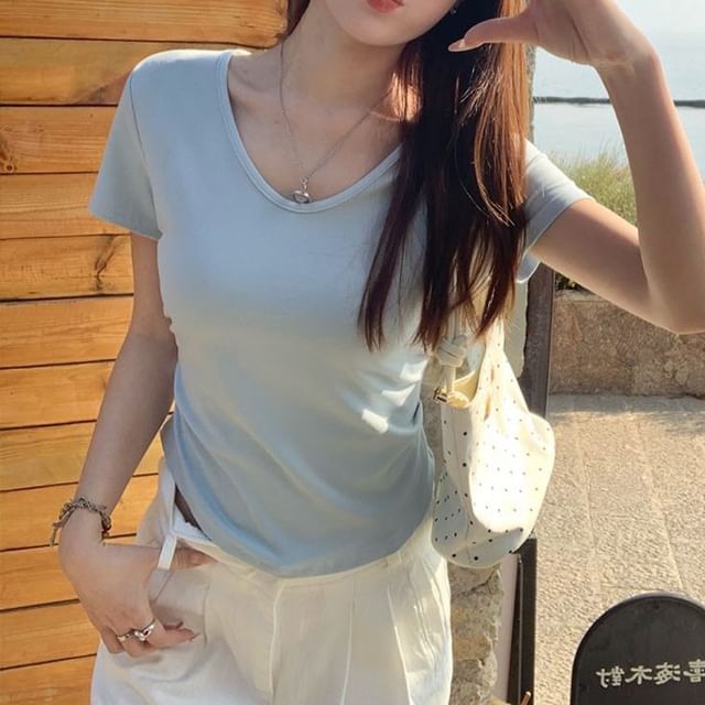 Short-Sleeve Plain T-Shirt Ruched V-Neck