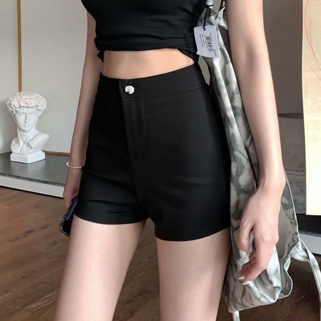 Trim Shorts Fit Waist V-Neck Tee Mock Plain / Short-Sleeve Slim High Lace Two-Piece