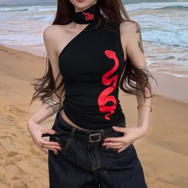 Print One-Shoulder Fit Slim Halter Top Snake Tank