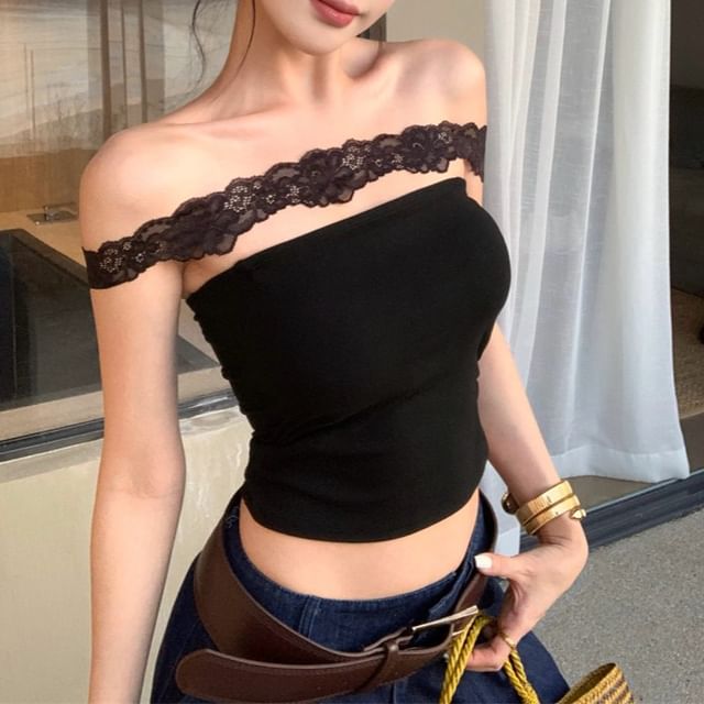 Padded Panel Halter Crop Fit Slim Top Lace Plain