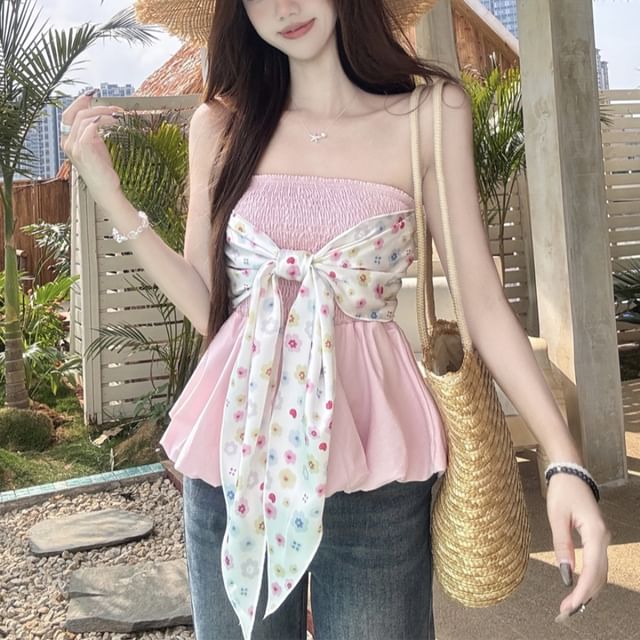 Top Tube Peplum Bow Floral