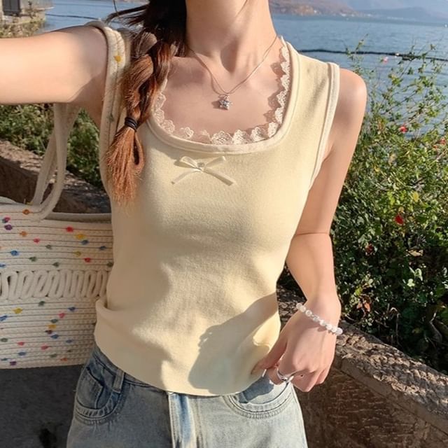 Lace Top Bow Trim Slim Fit Neck Square Tank