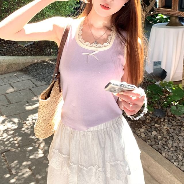 Lace Top Bow Trim Slim Fit Neck Square Tank