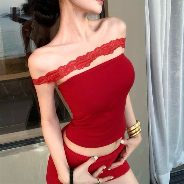 Padded Panel Halter Crop Fit Slim Top Lace Plain